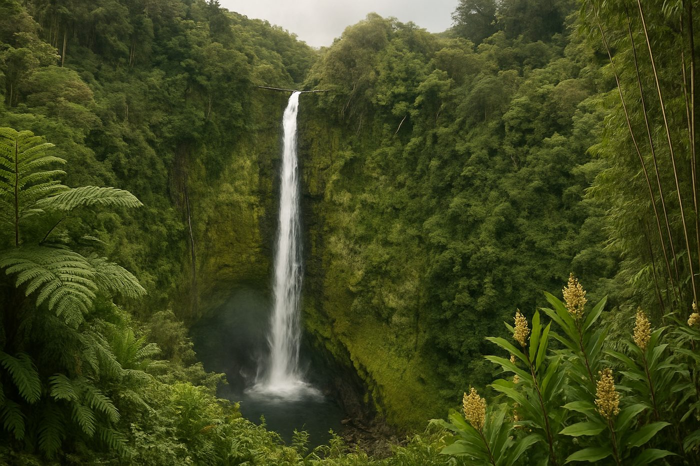 ʻAkaka Falls dropping into a green rainforest gorge on Hawaiʻi Island