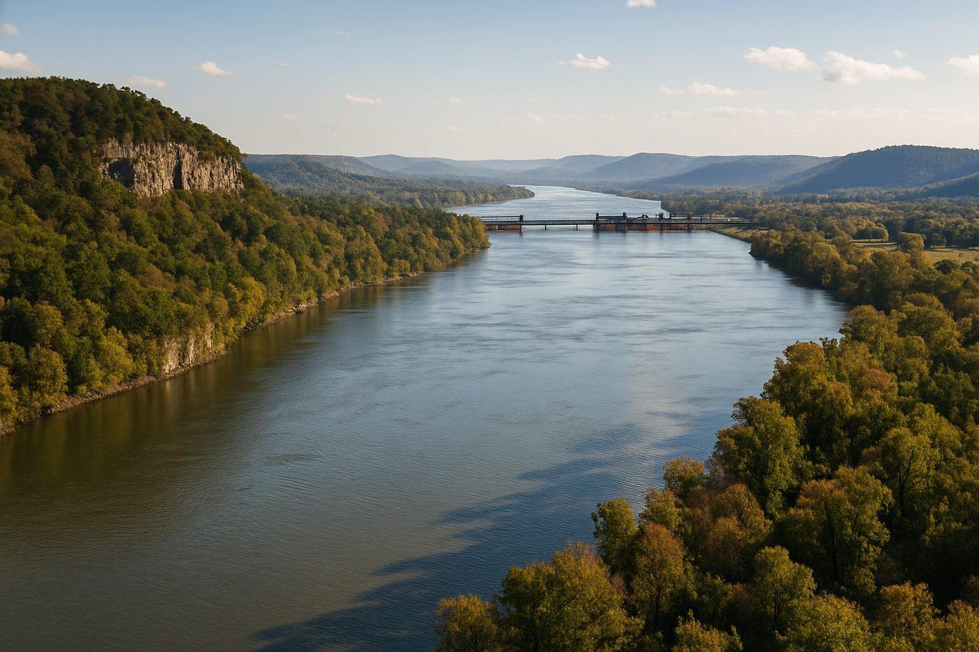 The Arkansas River flowing past wooded bluffs in Arkansas