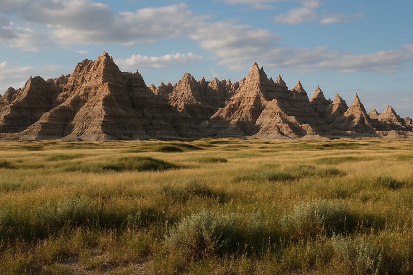 Banded buttes and prairie in Badlands National Park
