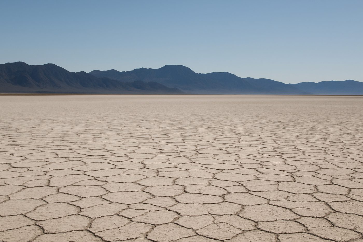 The flat cracked playa of the Black Rock Desert with mountains in the distance
