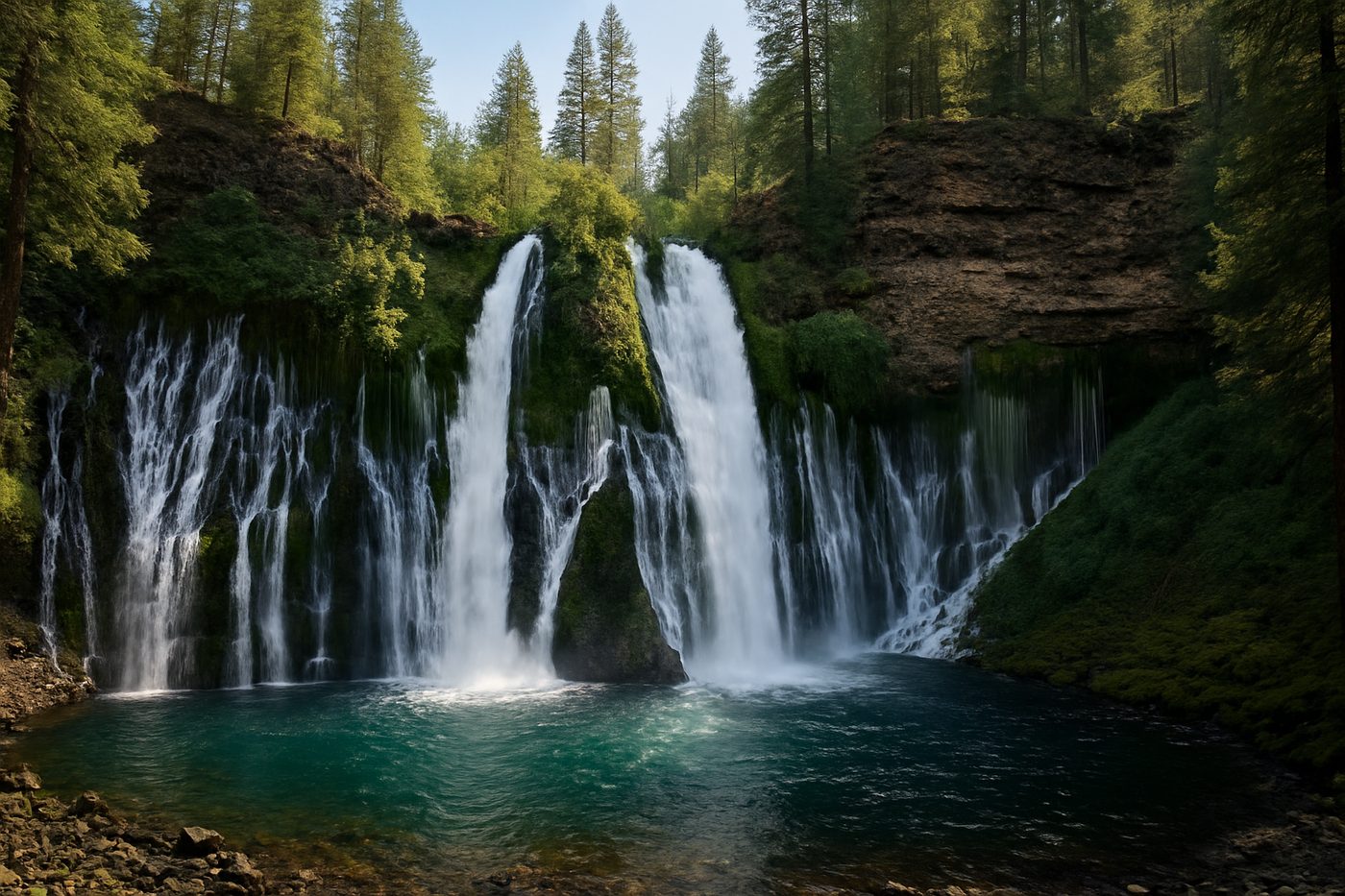 Burney Falls pouring from a mossy volcanic cliff into a blue-green pool