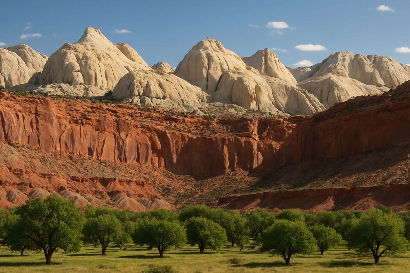 Sandstone cliffs above the Fruita orchards at Capitol Reef