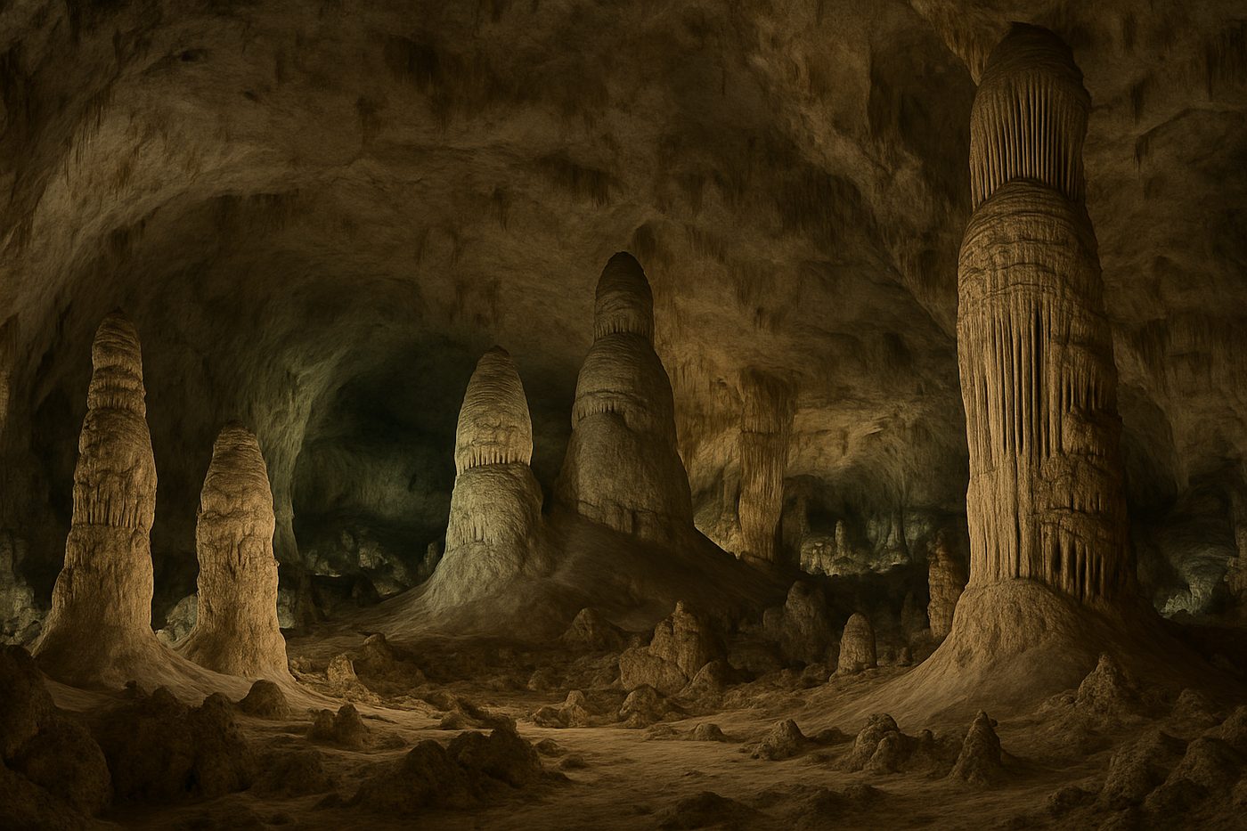 Stalagmites and columns in the Big Room of Carlsbad Caverns