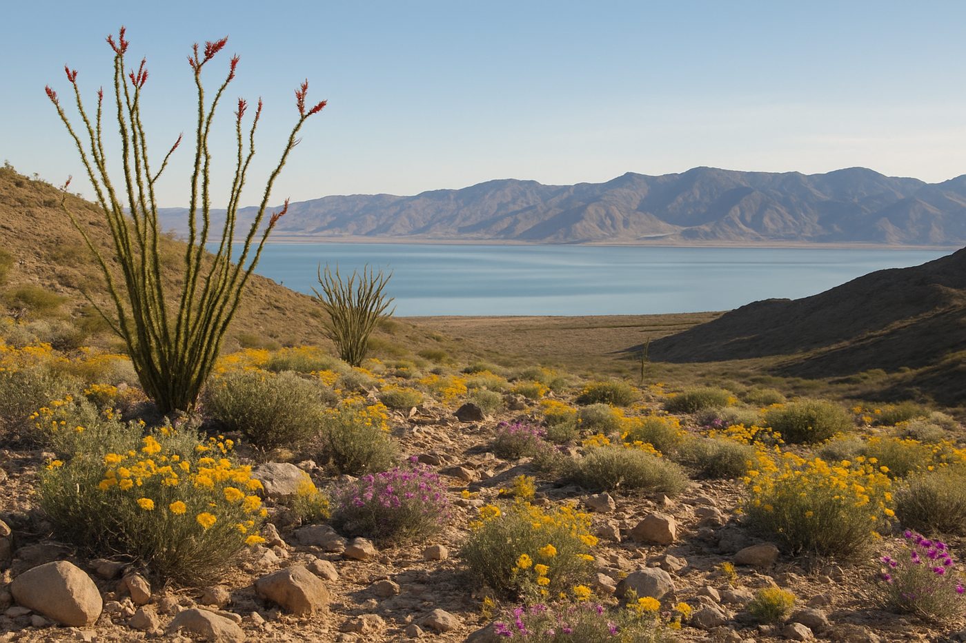 Ocotillo and wildflowers in the Colorado Desert with the Salton Sea beyond