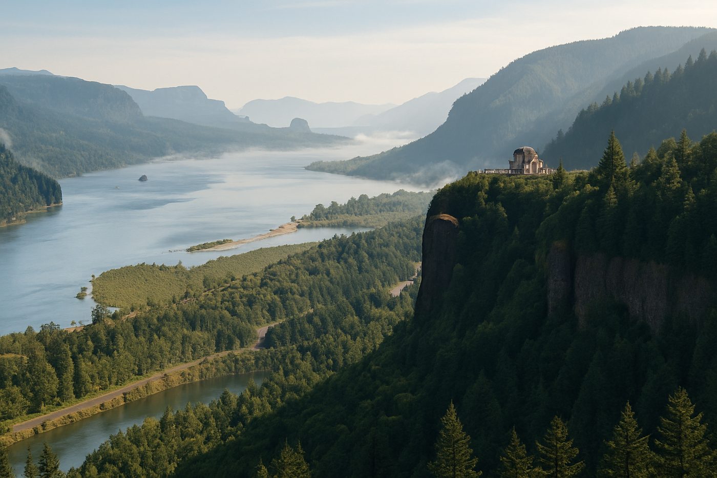 The Columbia River flowing between basalt cliffs in the Columbia River Gorge