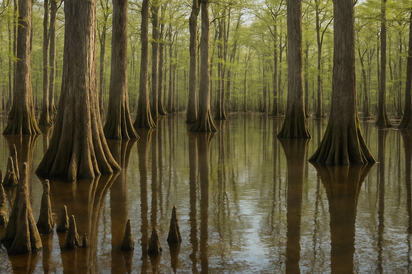 Bald cypress trees in floodwater at Congaree National Park