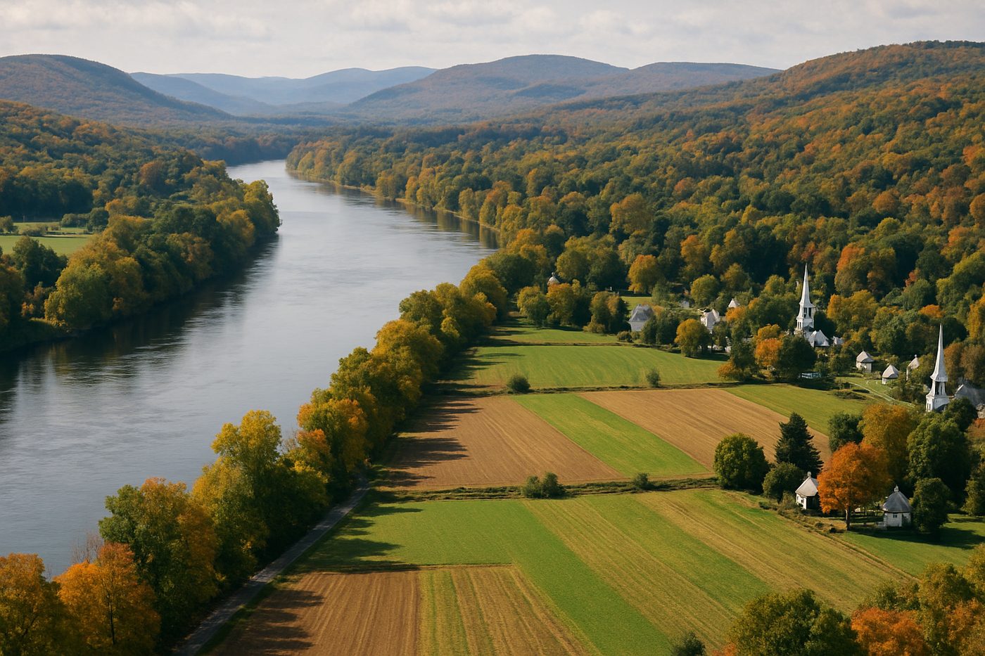 The Connecticut River winding through a farmed New England valley in autumn