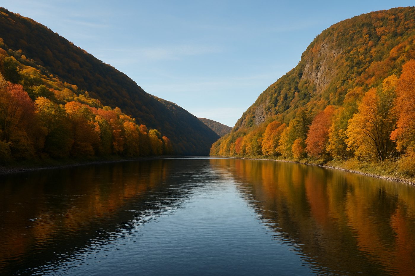 The Delaware River flowing through the forested Delaware Water Gap
