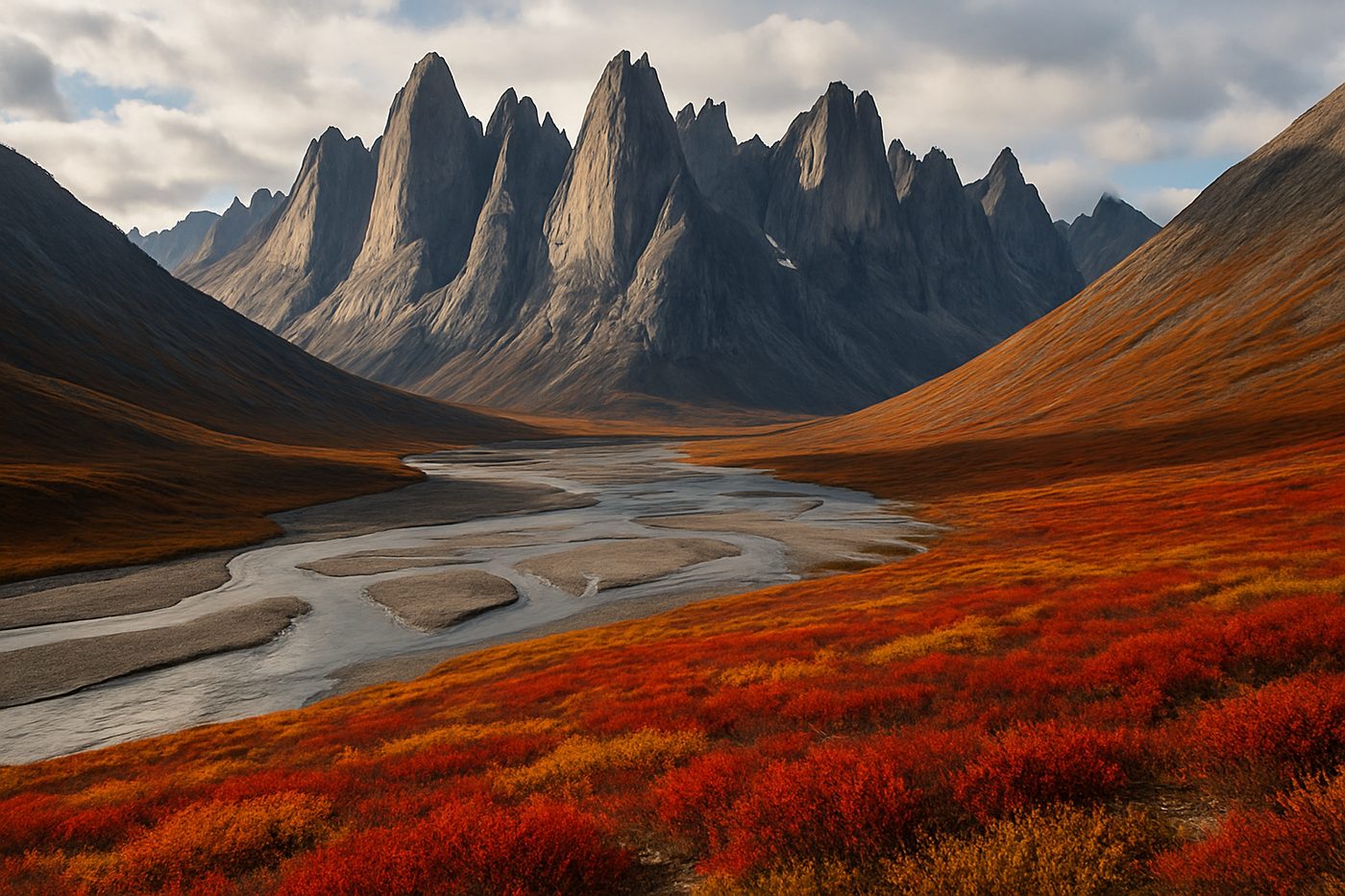 Granite peaks above a tundra river valley in Gates of the Arctic National Park