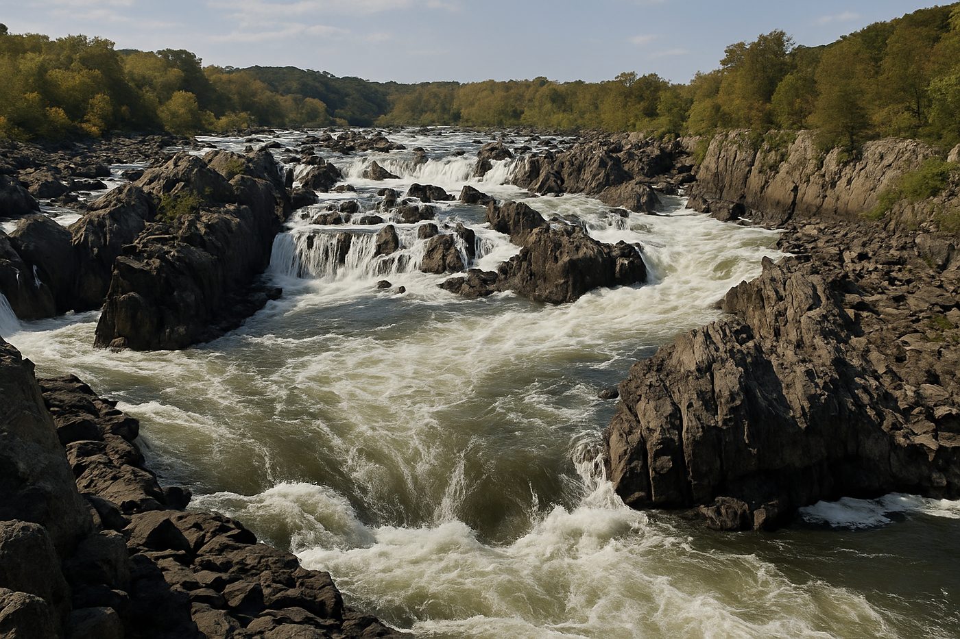 Whitewater of the Great Falls of the Potomac tumbling over jagged rocks
