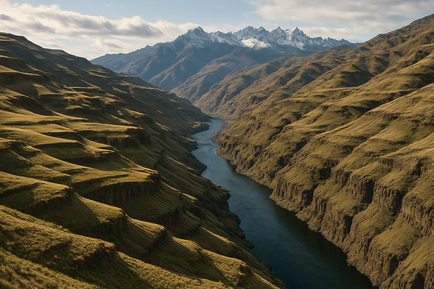 The Snake River at the bottom of Hells Canyon between steep grassy basalt walls