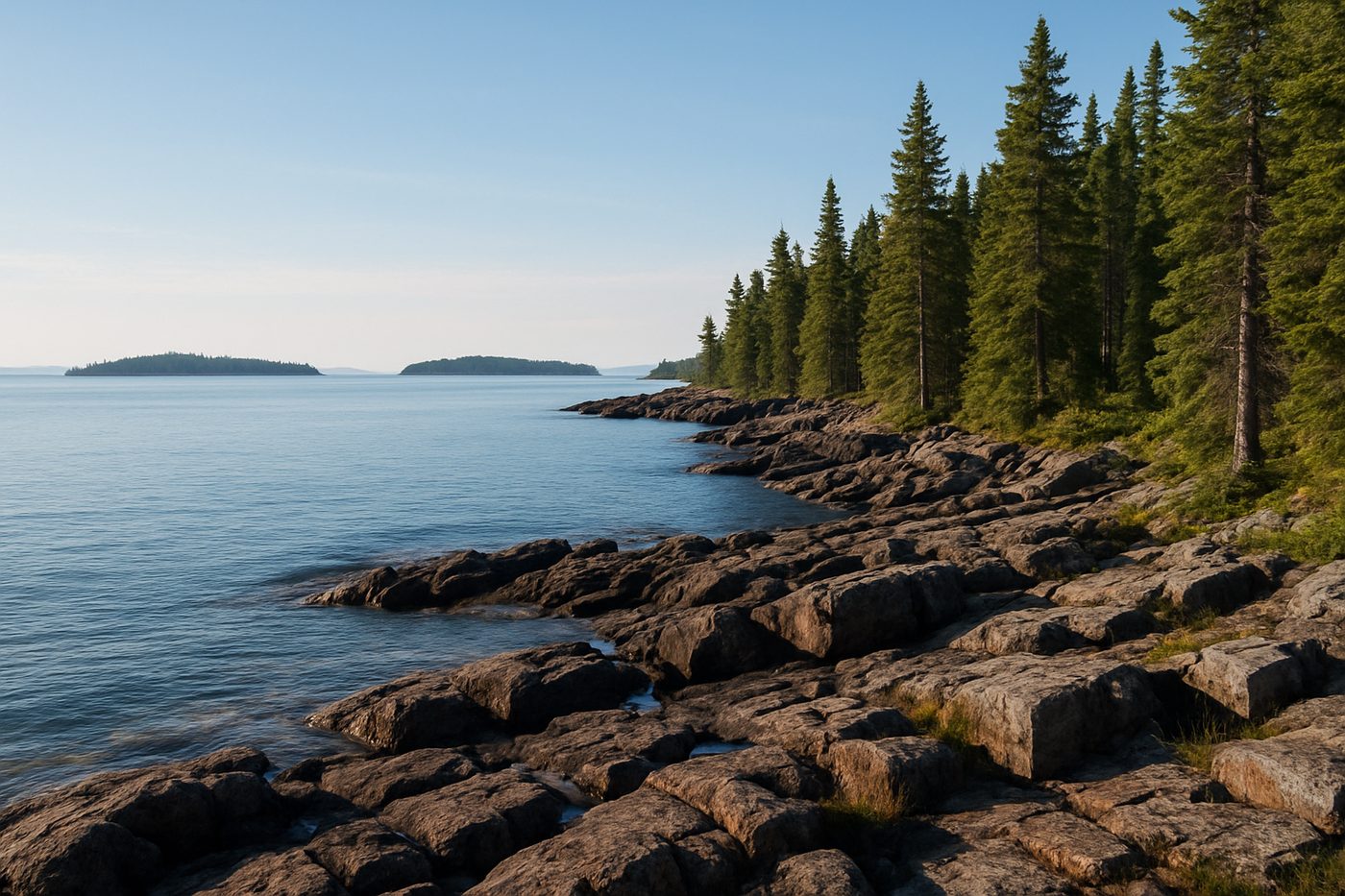 Rocky forested shoreline of Isle Royale on Lake Superior