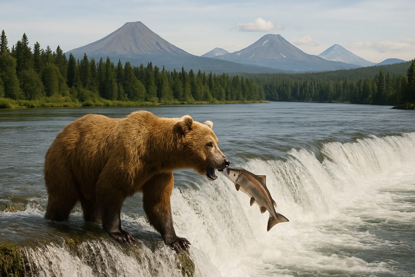 Brown bear fishing for salmon at Brooks Falls in Katmai National Park