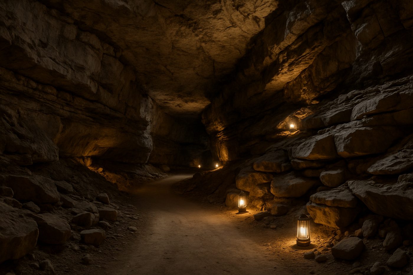 Wide limestone passage inside Mammoth Cave