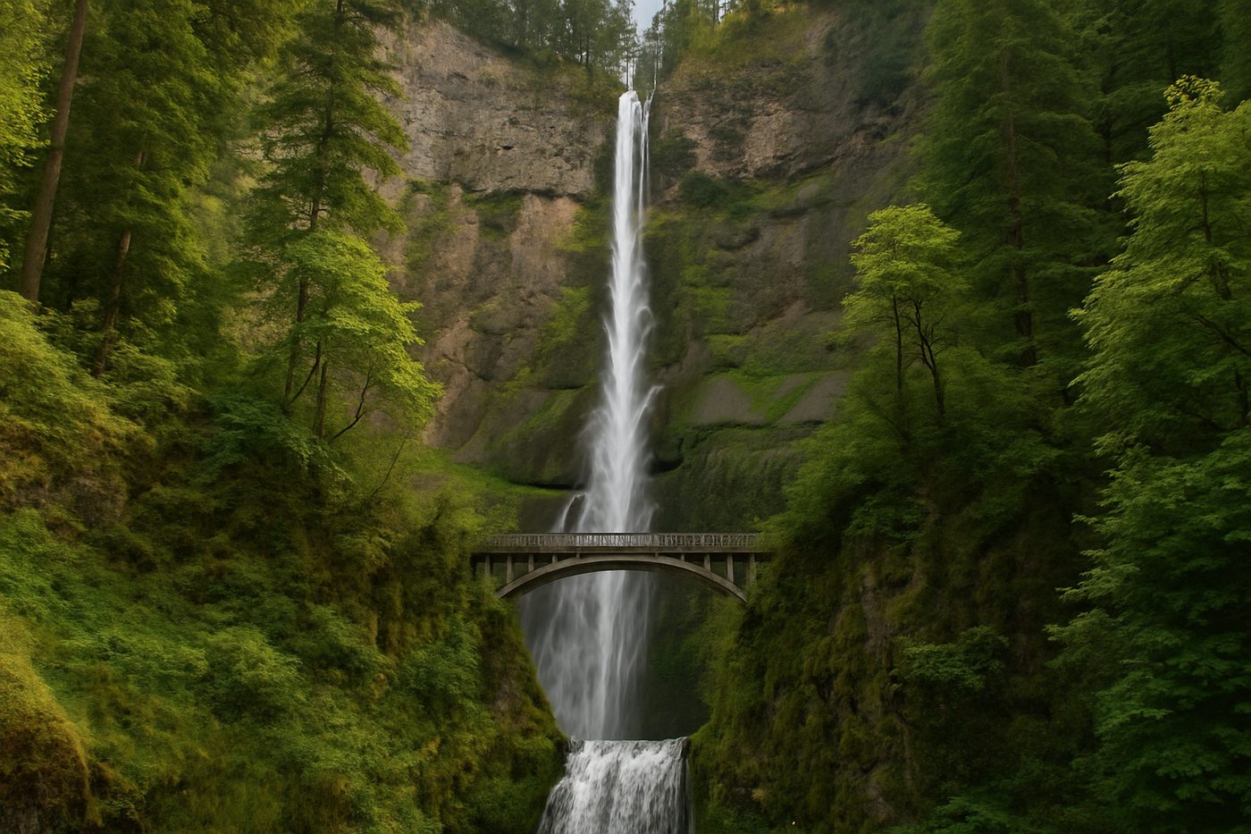 Multnomah Falls dropping down a basalt cliff with the Benson Bridge spanning the lower tier