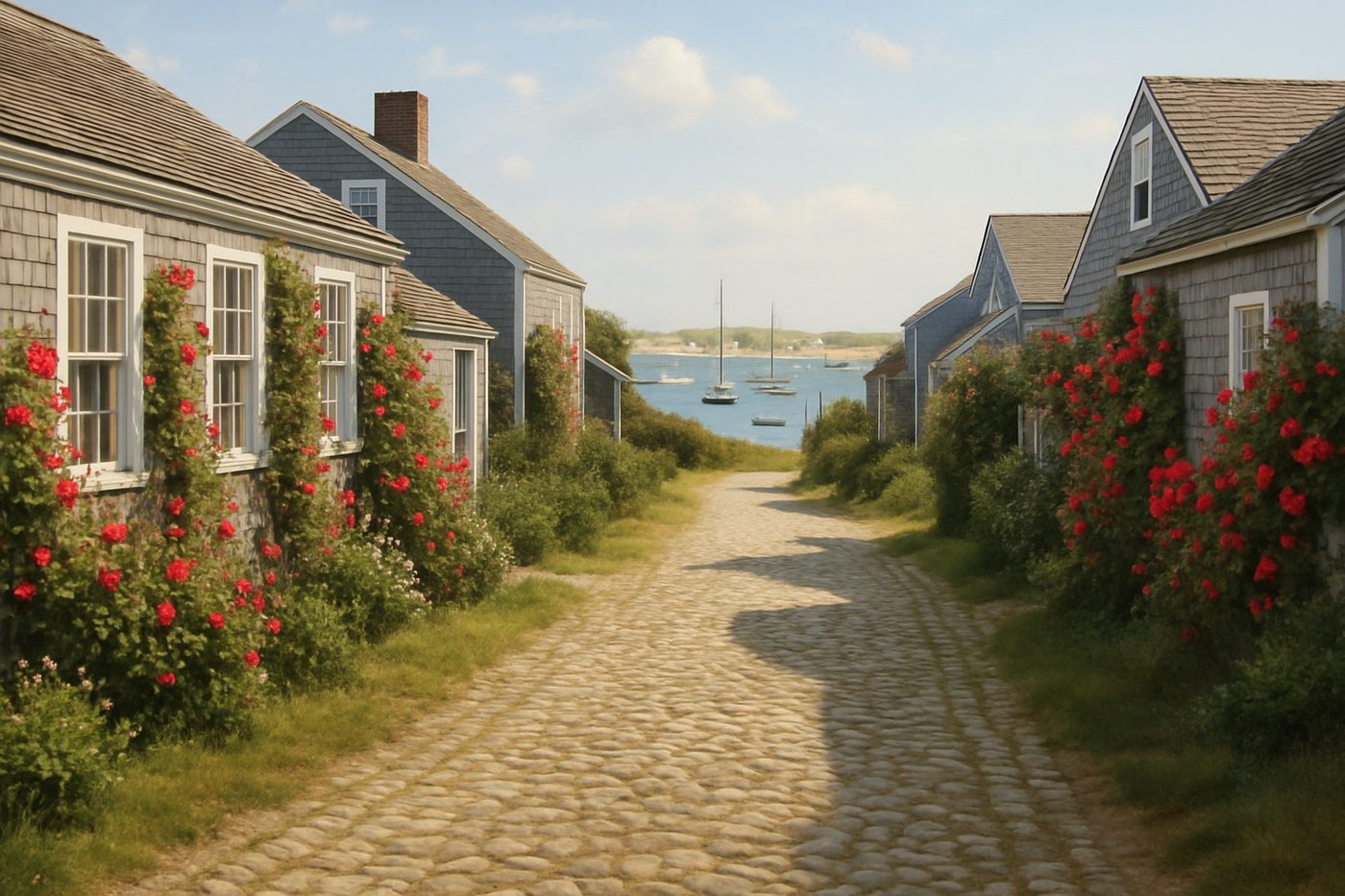 Gray-shingled houses and a cobblestone lane in Nantucket town