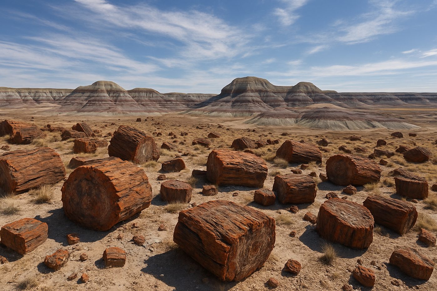 Petrified logs among badlands in Petrified Forest