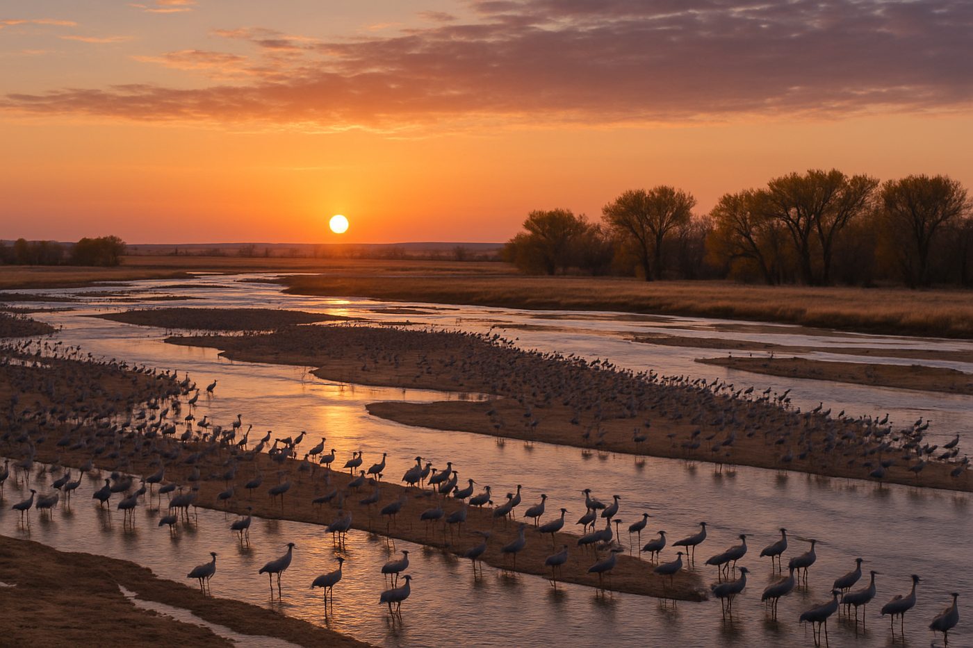 Sandhill cranes roosting on sandbars in the braided Platte River at dawn