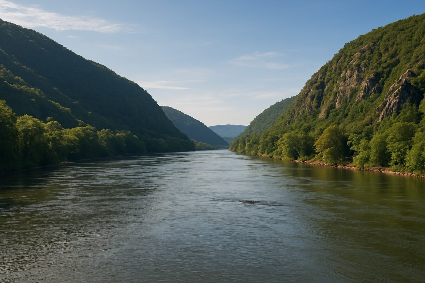 The Potomac River flowing between forested ridges near Harpers Ferry