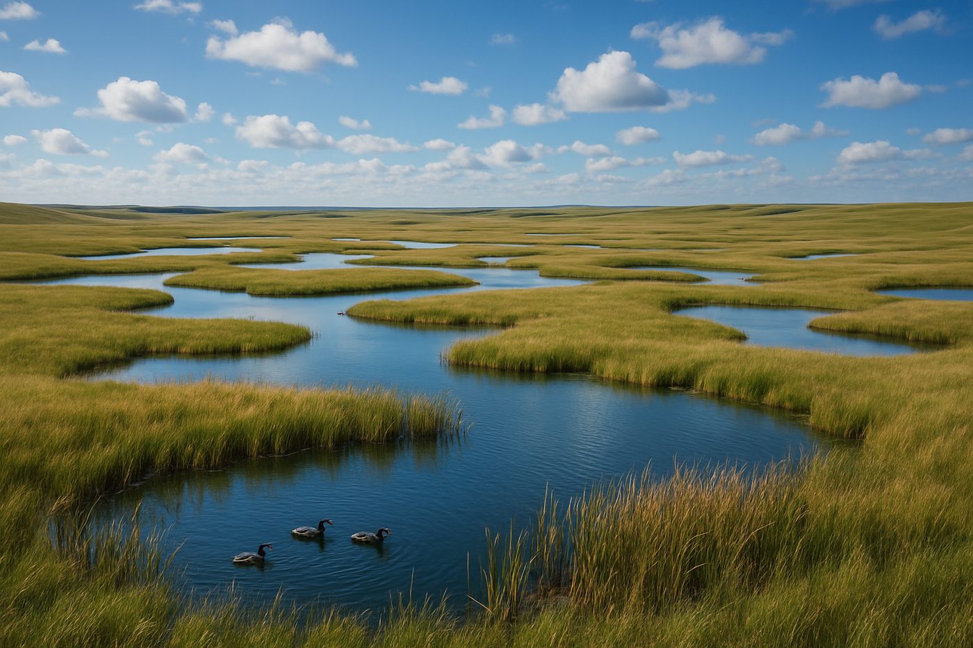 Small ponds scattered across rolling prairie in the Prairie Pothole Region