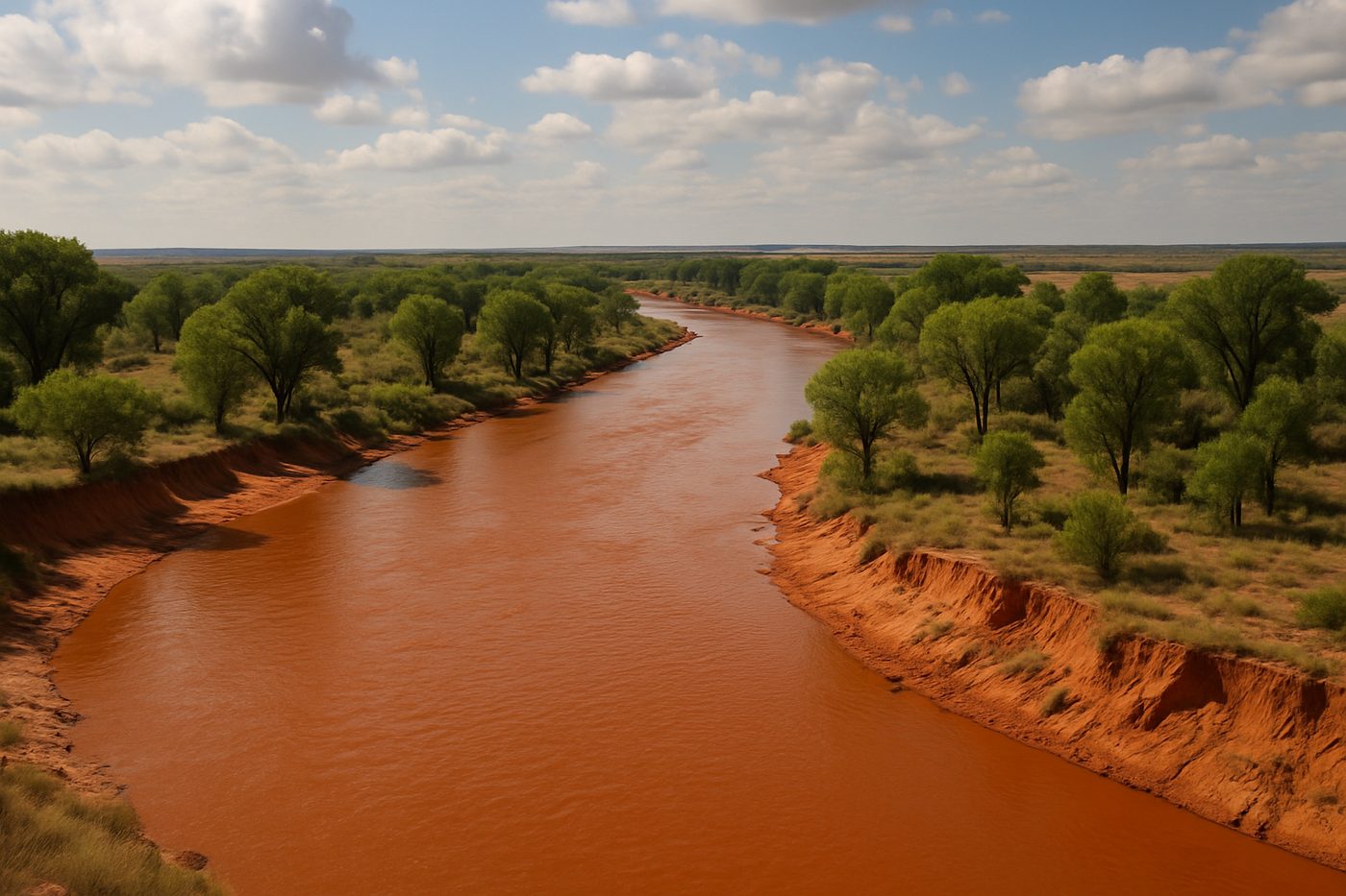 The rust-colored Red River winding between sandy banks on the southern plains