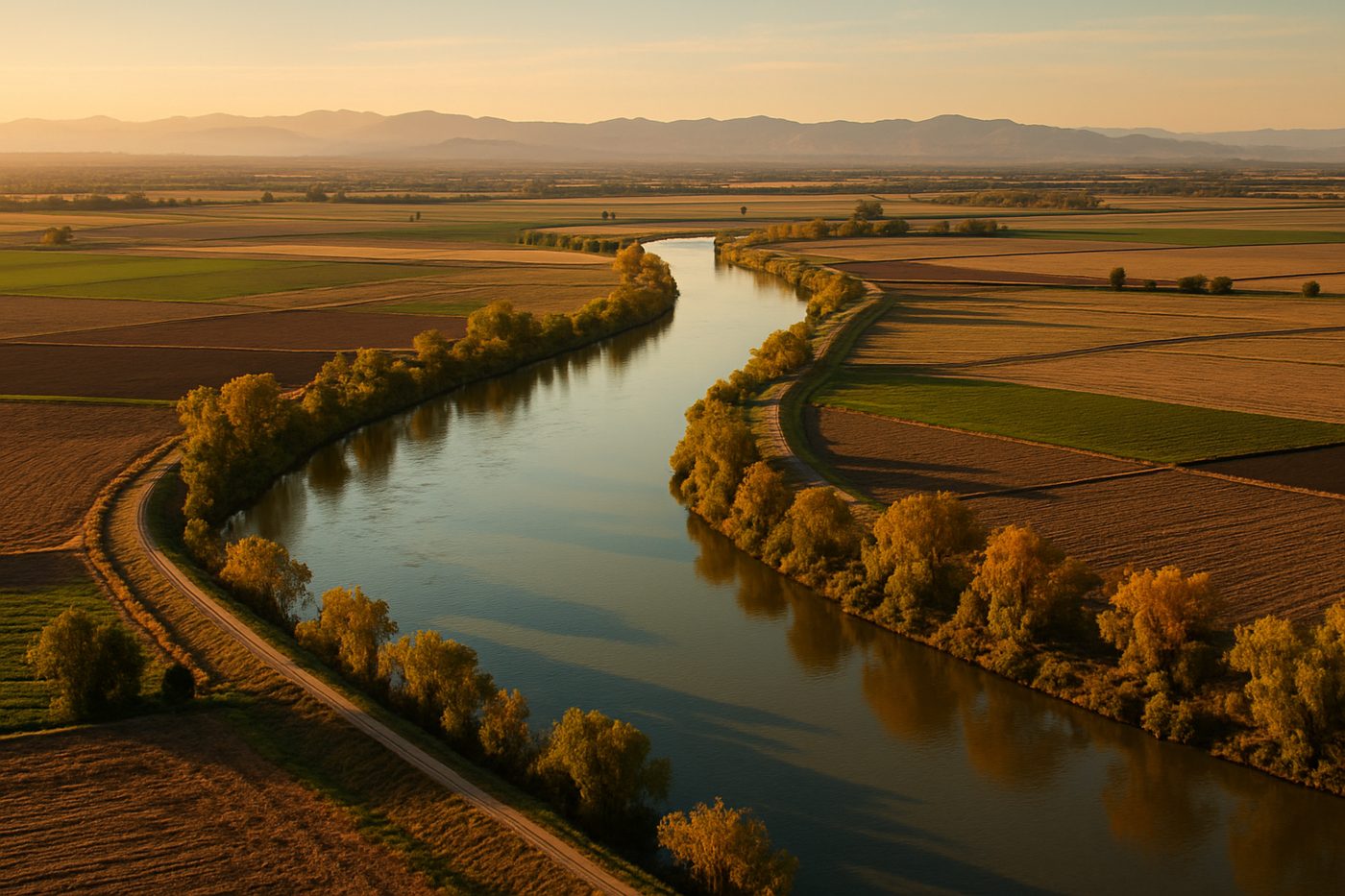 The Sacramento River winding between levees and farmland in the Central Valley