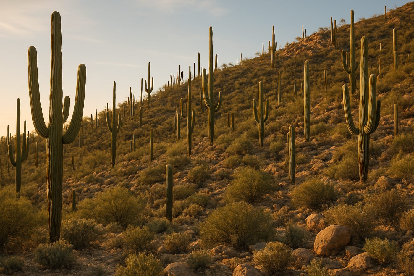 Saguaro cacti on a desert hillside near Tucson