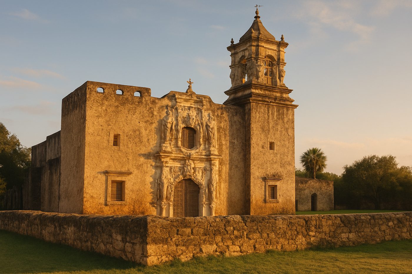 The carved facade of Mission San José in San Antonio