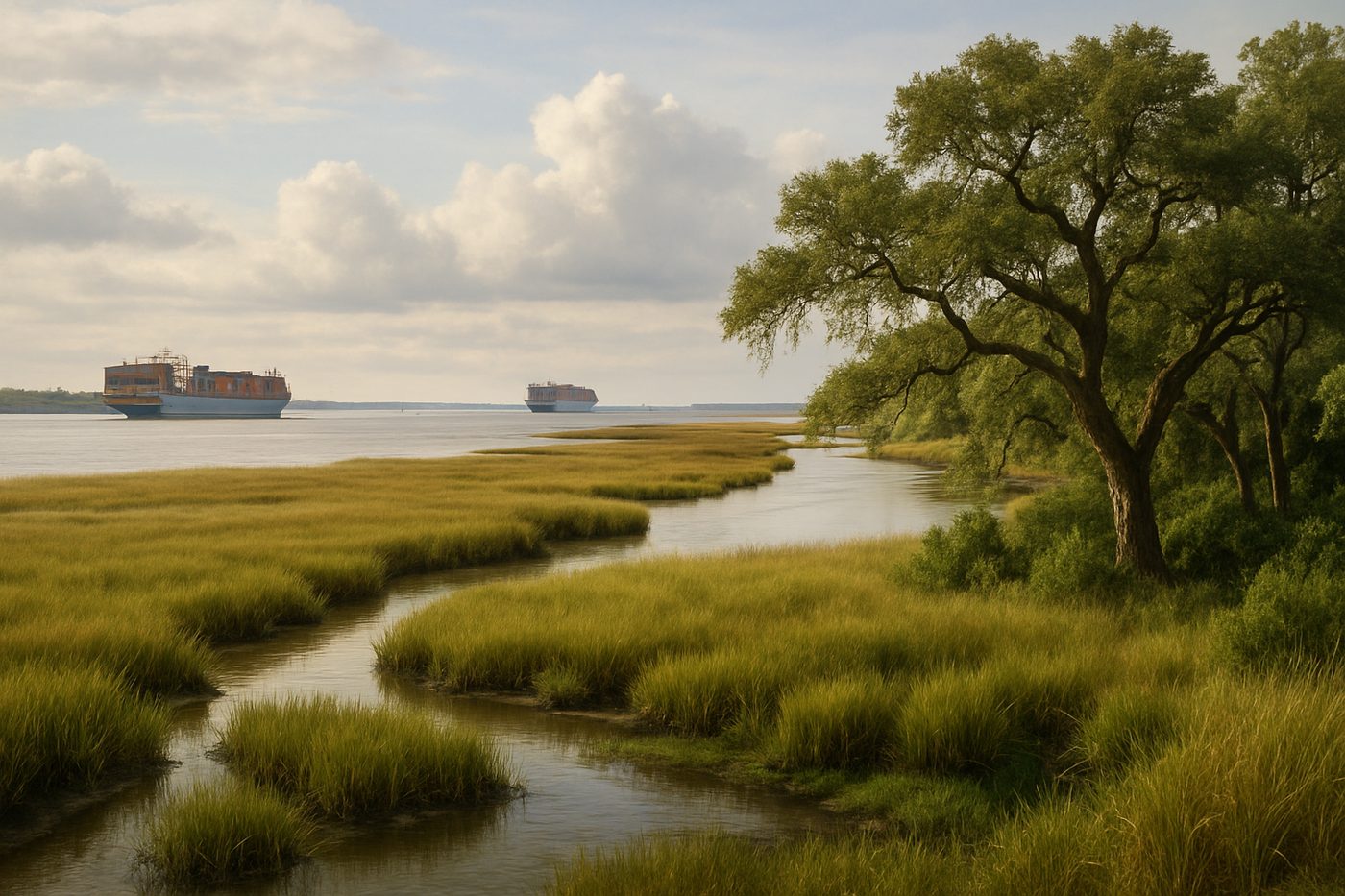 The tidal Savannah River flowing past salt marsh toward the Atlantic
