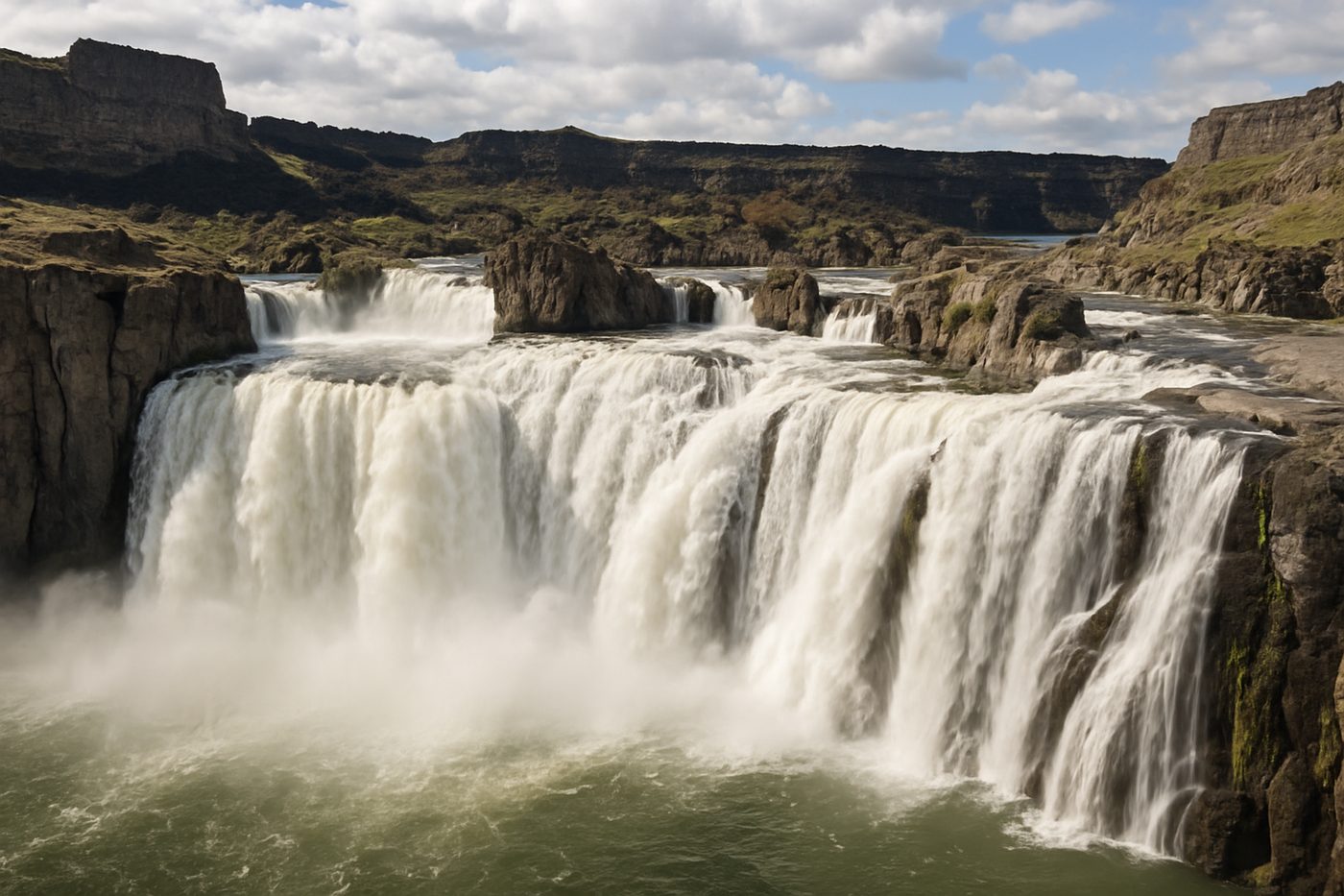 Shoshone Falls spilling across a wide basalt rim in the Snake River Canyon