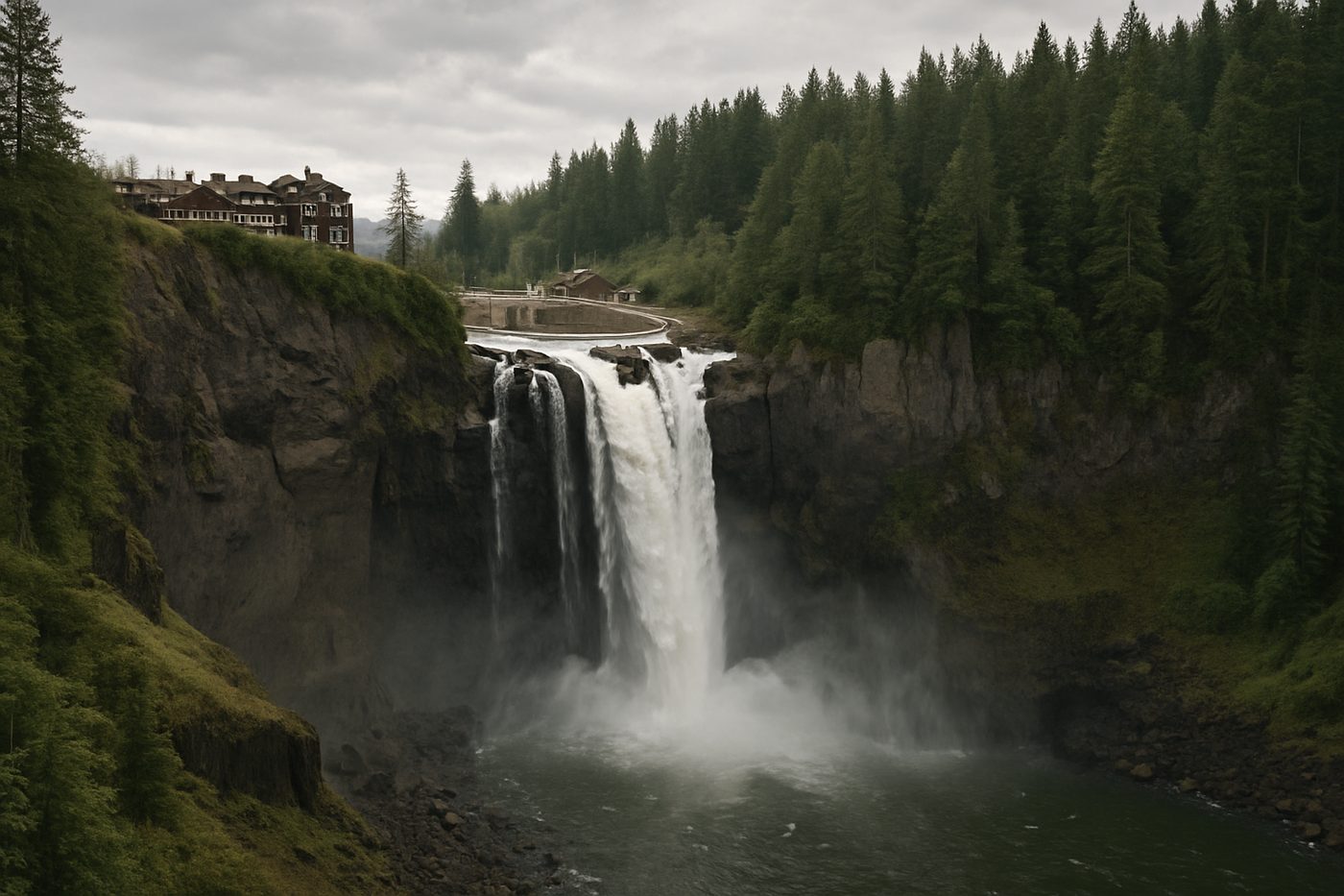 Snoqualmie Falls plunging into a misty forested gorge in Washington