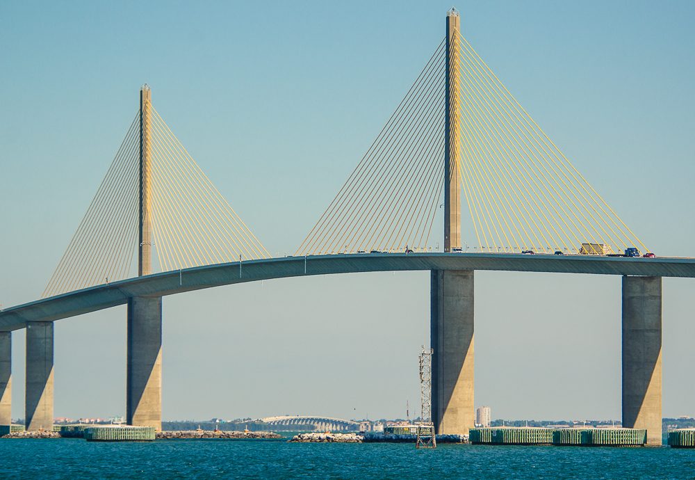 The yellow Sunshine Skyway over Tampa Bay