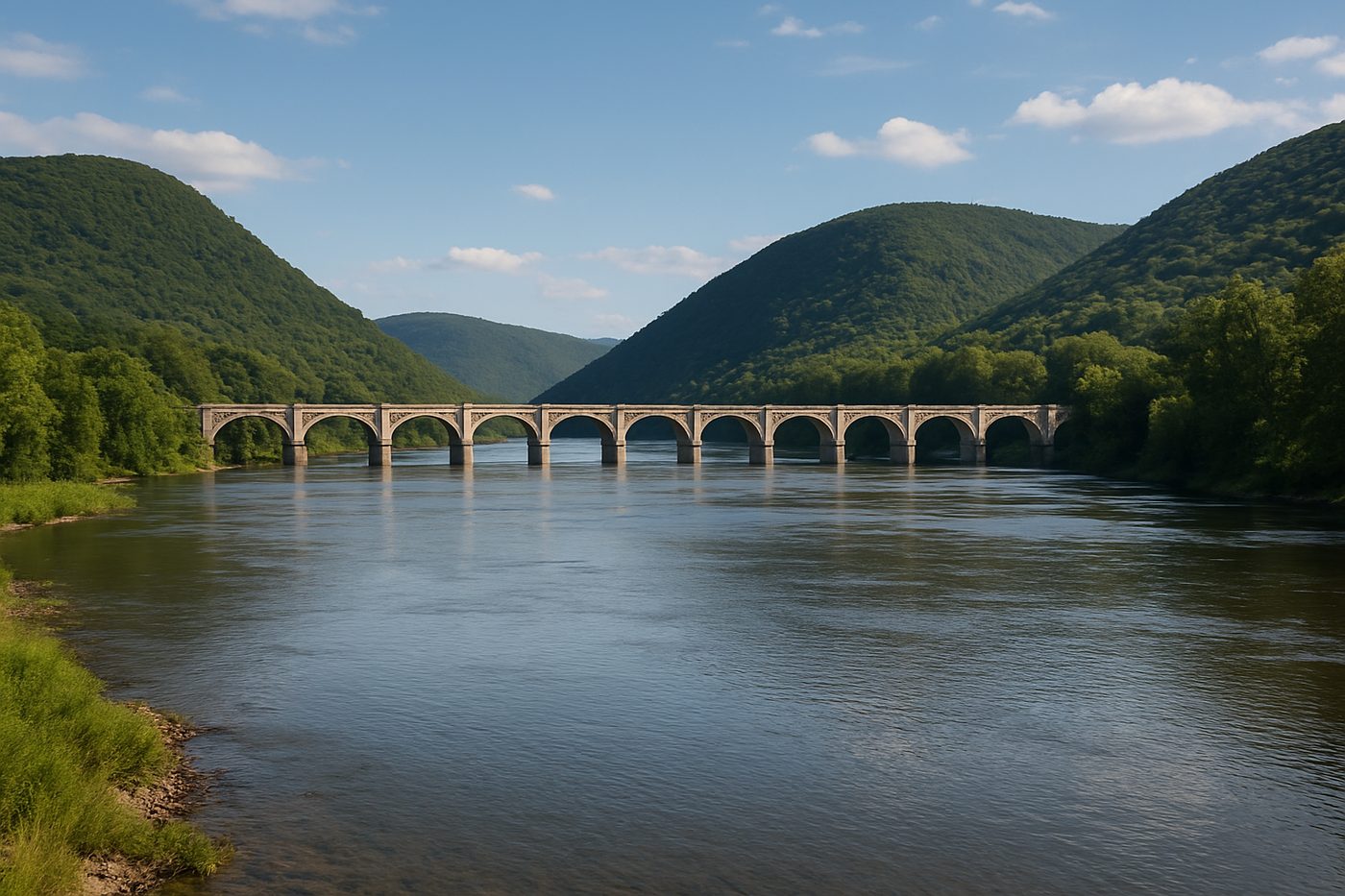 The broad Susquehanna River cutting through forested ridges in Pennsylvania