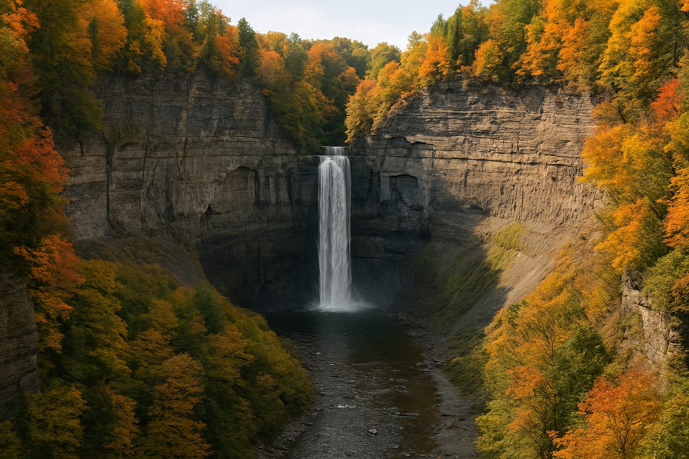 Taughannock Falls plunging into a deep layered rock gorge in New York