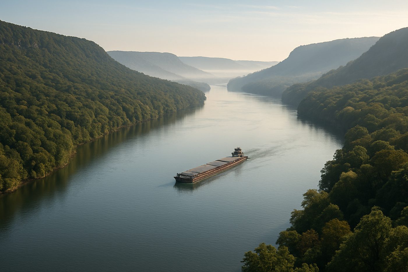 The Tennessee River curving between forested ridges in Tennessee