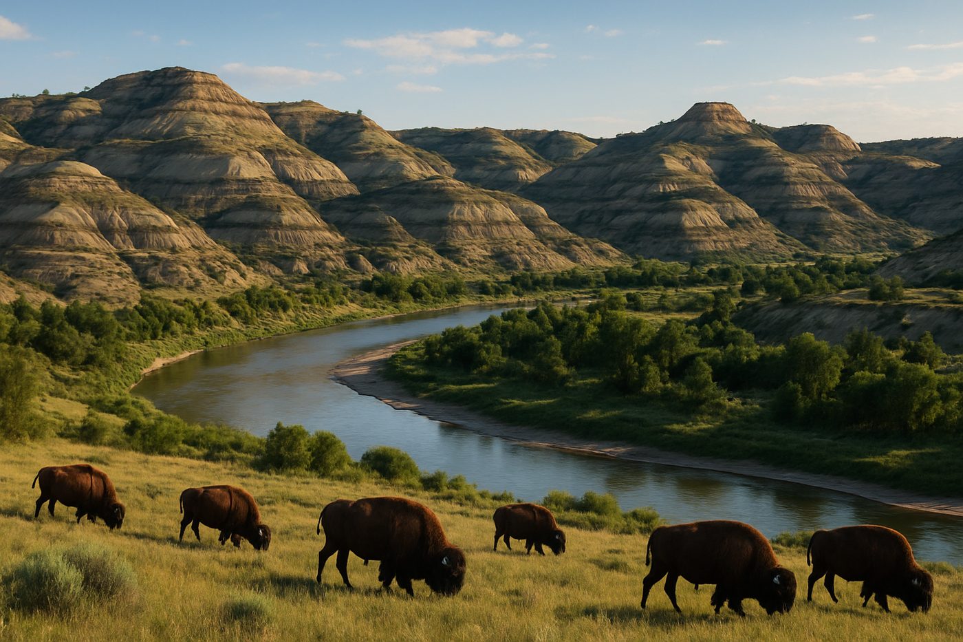 Badlands and bison above the Little Missouri River