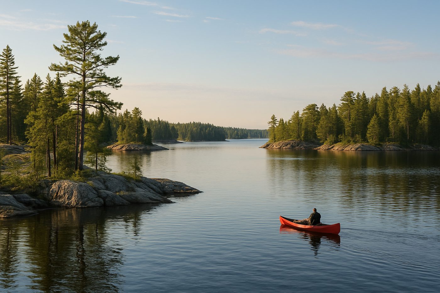 Granite islands and pine forest on a lake in Voyageurs National Park
