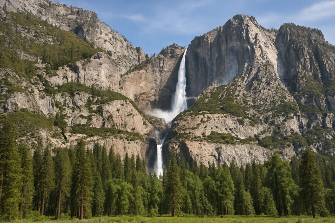Upper and Lower Yosemite Falls pouring down a granite wall in Yosemite Valley