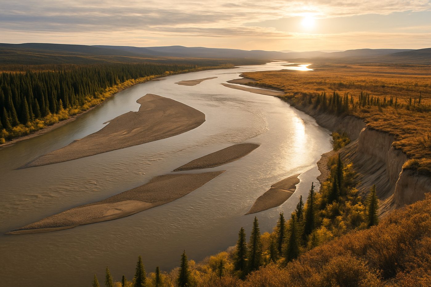 The broad, silty Yukon River curving through Alaska boreal forest